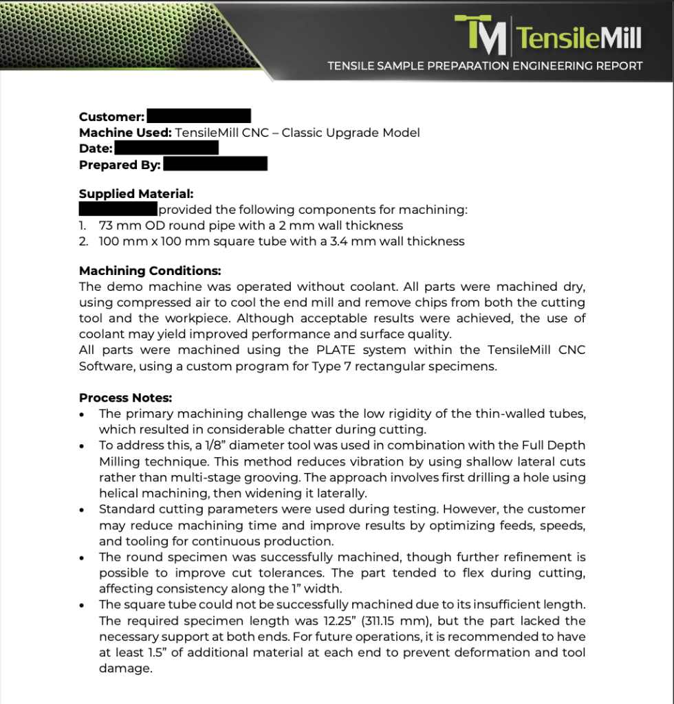 Engineering report for steel tubing to ASTM E8